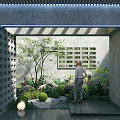 Indoor Landscape Design With Concrete Grille Structure Small Trees And Green Plants