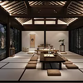 Traditional Serene Teahouse Interior Design With Wooden Furniture And Tea Sets
