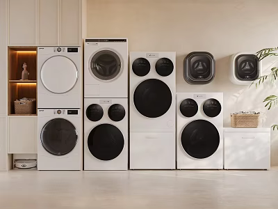 Modern Interior Featuring Multiple Stylish White Washing Machines And Storage Elements 3d model