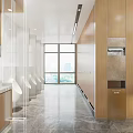 Modern Public Restroom Interior With Marble Walls Wooden Cabinets Double Sinks And Large Mirrors