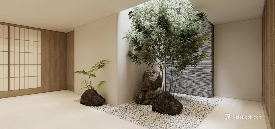 Modern Indoor Landscape With Large Green Plants Stones White Gravel Floor And Wooden Gray Walls 3d model 