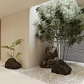 Modern Indoor Landscape With Large Green Plants Stones White Gravel Floor And Wooden Gray Walls