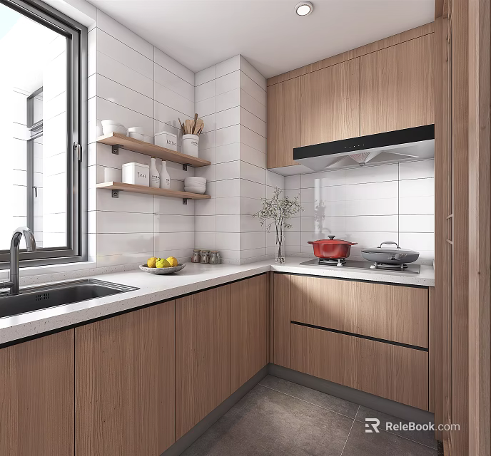 Modern Kitchen With Wooden Cabinets White Tiled Walls Window Sink And Countertop Fruits 3d model 