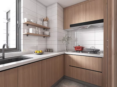 Modern Kitchen With Wooden Cabinets White Tiled Walls Window Sink And Countertop Fruits 3d model