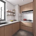 Modern Kitchen With Wooden Cabinets White Tiled Walls Window Sink And Countertop Fruits
