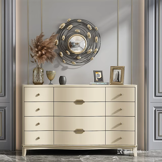 Elegant Modern Entryway Side Cabinet Design With Decorative Mirror Vase And Frames 3d model