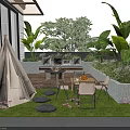 Cozy Courtyard Garden With Green Lawn Stone Path Teepee And Outdoor Furniture