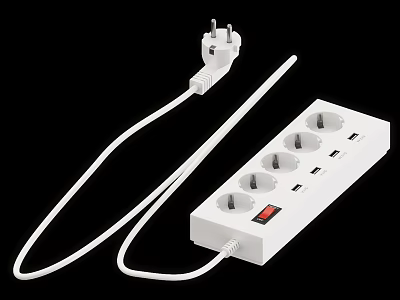 White Electrical Power Strip With Multiple Sockets And Long Power Cord 3d model