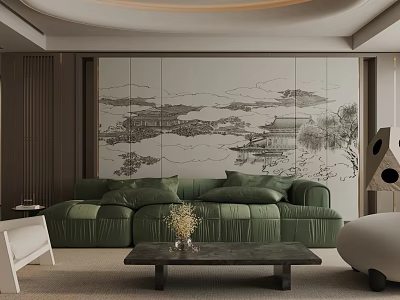 Modern Living Room Interior Design With Green Sofa Landscape Painting Wall And Black Coffee Table 3d model