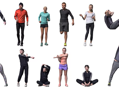 People Exercising In Different Fitness Poses Including Stretching Running And Inversion 3d model