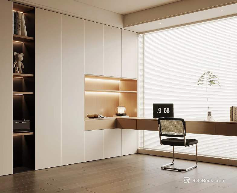 Modern Study Room Interior With White Cabinets Built-in Bookshelves Writing Desk And Potted Plant 3d model 