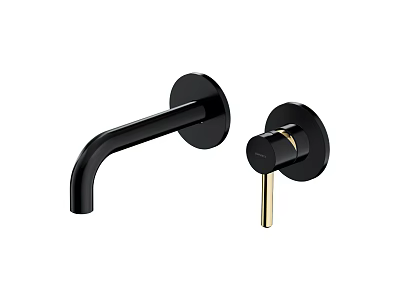 Sleek Black Wall Mounted Faucet with Golden Accent Handle and Modern Design Elements 3d model