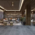 Elegant Hotel Lobby Interior with Wooden Elements Hanging Lamps Comfortable Sofas and Decorative Wall 3d model