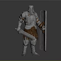 Medieval Armored Knight In Silver Metallic Armor Holding Sword And Shield With Brown Decoration