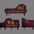 Elegant Purple Two-Seater Sofa With Gold Floral Pattern Gold Cushions And Wooden Legs