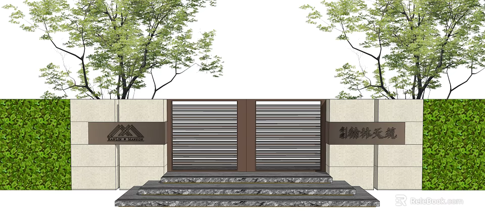 Modern Entrance Gate With Double Metal Slats Stone Steps And Green Trees 3d model 