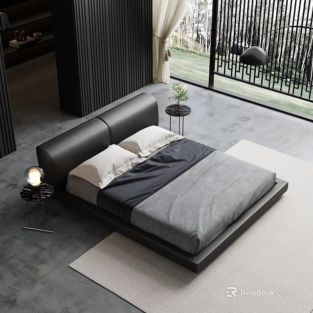 Modern Minimalist Double Bed Design With Black Headboard Gray Bedding And White Pillows 3d model 