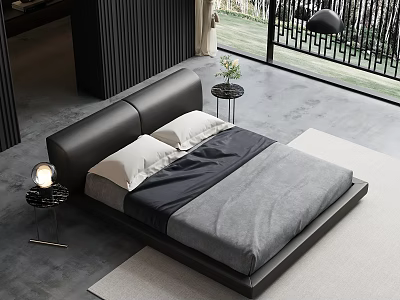 Modern Minimalist Double Bed Design With Black Headboard Gray Bedding And White Pillows 3d model