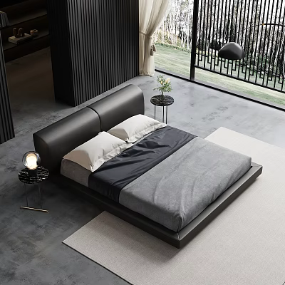 Modern Minimalist Double Bed Design With Black Headboard Gray Bedding And White Pillows 3d model