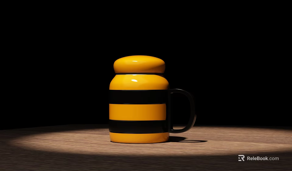 Stylish Mug With Yellow And Black Stripes And Yellow Lid On Wooden Table 3d model 