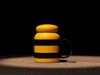 Stylish Mug With Yellow And Black Stripes And Yellow Lid On Wooden Table 3d model