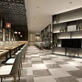 Modern Restaurant Interior With Pendant Lights Dining Tables Chairs And Patterned Tiled Floor 3d model