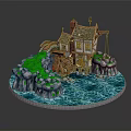 Traditional Cottage With Wooden Watermill Chimney Rocks Green Grass And Flowing Water