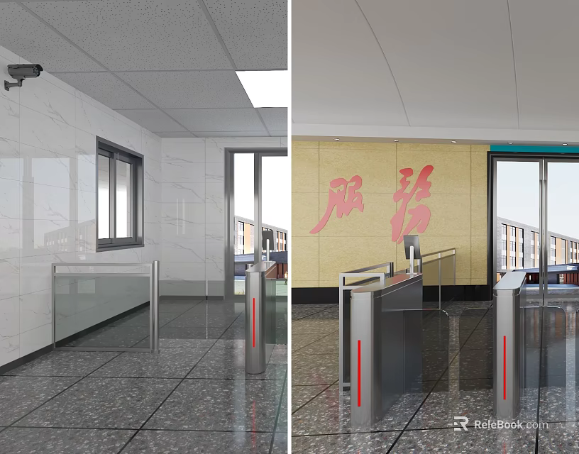 Public Facility Entrance With Turnstiles Security Cameras Service Themed Wall And Windows 3d model 
