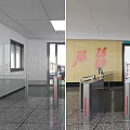 Public Facility Entrance With Turnstiles Security Cameras Service Themed Wall And Windows