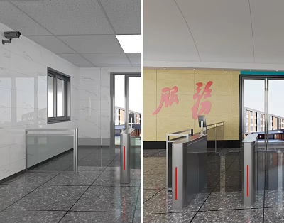 Public Facility Entrance With Turnstiles Security Cameras Service Themed Wall And Windows 3d model