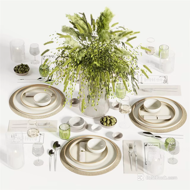Modern Ceramic Tableware Set With Plates Bowls Glasses And Green Plant Decoration 3d model 