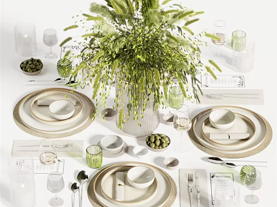 Modern Ceramic Tableware Set With Plates Bowls Glasses And Green Plant Decoration 3d model