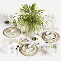 Modern Ceramic Tableware Set With Plates Bowls Glasses And Green Plant Decoration