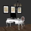 Elegant White Desk with Computer Ornate Chair Dark Wall Framed Artworks and Chandelier
