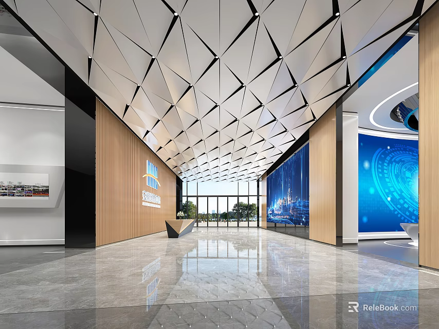 Modern Front Desk Reception Area With Geometric Ceiling Marble Floor And Tech Inspired Decor 3d model 