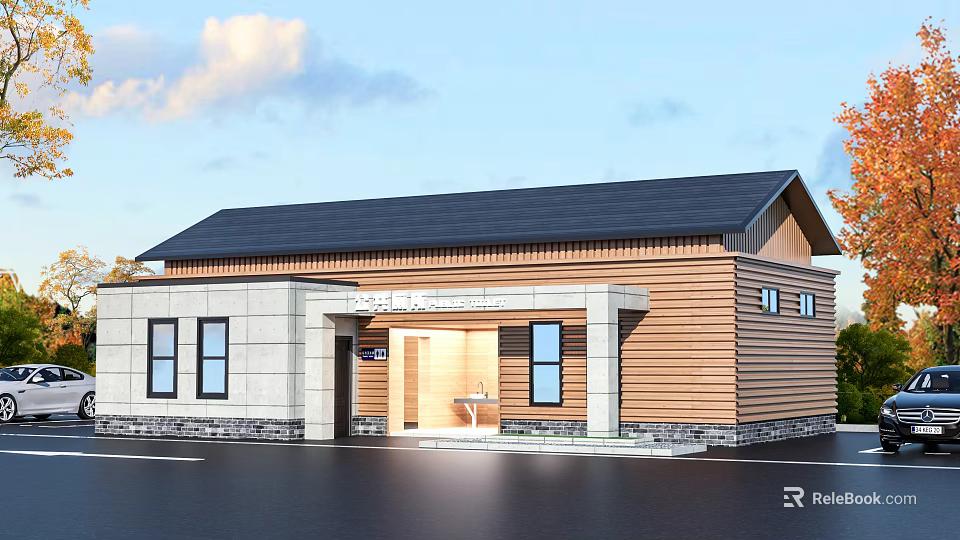Modern Building Exterior Design With Wooden Walls Stone Accents And Black Roof 3d model 
