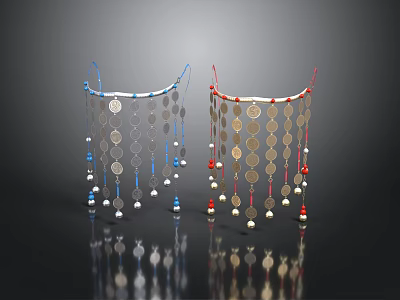 Decorative Hanging Household Living Accessories With Silver Circular Discs Blue Red Strings And Beads 3d model