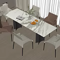 Modern Dining Table Set with White Top Six Colorful Chairs Greenery Vase and Fruit Plate