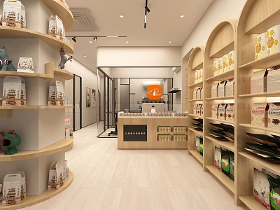 Shopping Mall Retail Store Interior With Wooden Shelves Display Counter And Packaged Products 3d model