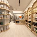 Shopping Mall Retail Store Interior With Wooden Shelves Display Counter And Packaged Products