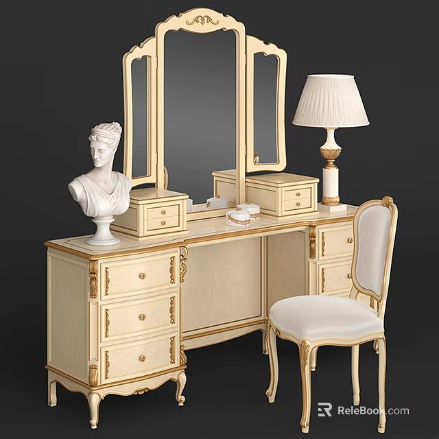 European Style Dressing Table With Gold Accents Matching Chair Table Lamp And White Sculpture 3d model 