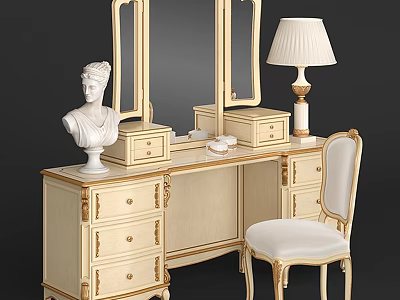 European Style Dressing Table With Gold Accents Matching Chair Table Lamp And White Sculpture 3d model