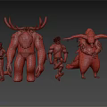Vibrant Characters And Creatures Models Featuring Male Character Green Humanoid Horned Creatures And Small Animal