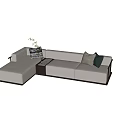 Modern Unique shaped Sofa In Light Gray With Accent Pillows Side Table And Marble Floor 3d model