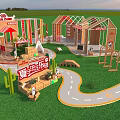 Summer Carnival Park With Colorful Structures Curved Paths And Green Lawns