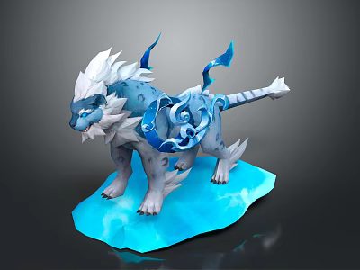 Blue And White Mythical Ice Beast Game Movie Character With Decorative Blue Tails And Ice Base 3d model