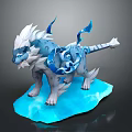 Blue And White Mythical Ice Beast Game Movie Character With Decorative Blue Tails And Ice Base