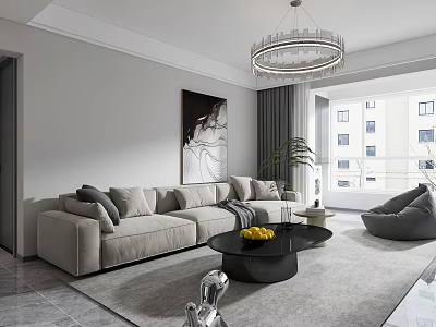 Modern Living Dining Room Interior With Beige Sofa Coffee Table Chandelier And Artwork 3d model