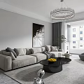 Modern Living Dining Room Interior With Beige Sofa Coffee Table Chandelier And Artwork