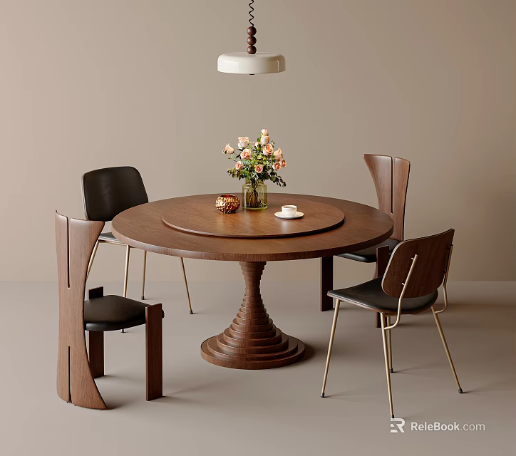 Round Wooden Dining Table And Chairs With Unique Base Flower Vase And Modern Pendant Light 3d model 